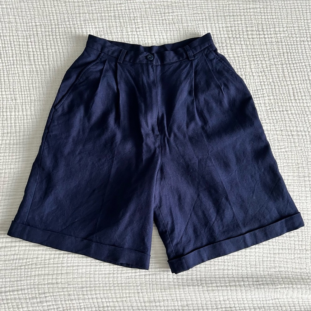 Vintage | Charter Club Petites | Navy Blue High Waisted Linen Shorts | size 2P